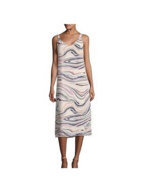 Halston Midi Slip Dress Marble Print Sleeveless V-Neckline Size Medium Was $119